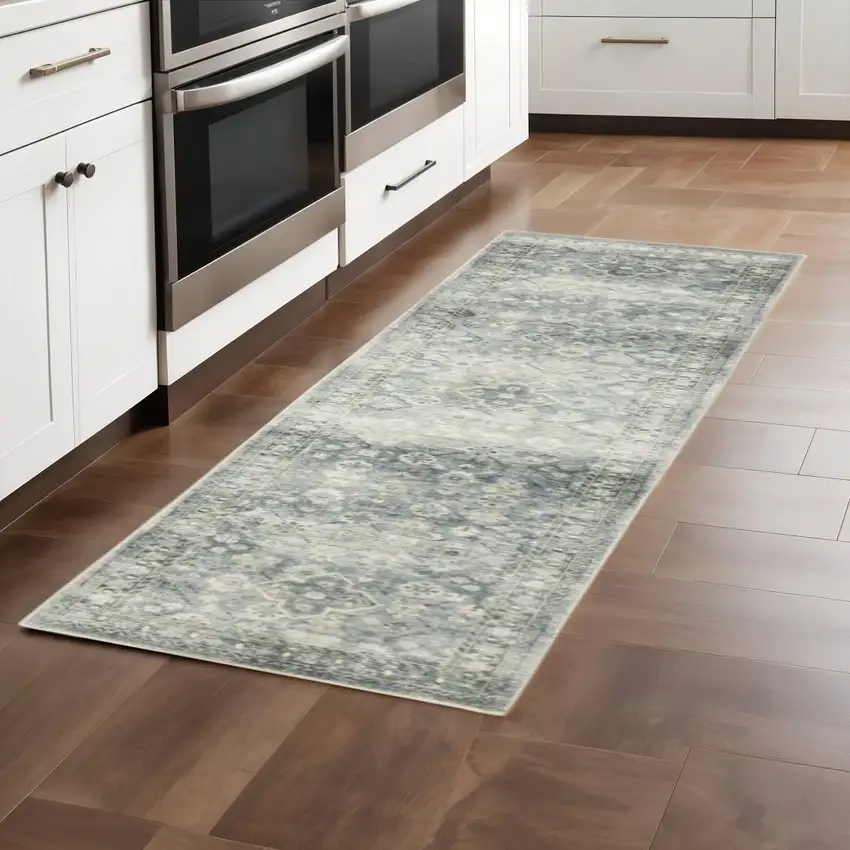 2' X 8' Blue Ivory And Grey Oriental Power Loom Stain Resistant Runner Rug Photo 1