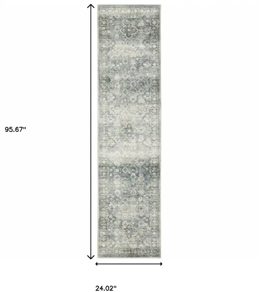 Blue Ivory And Grey Oriental Power Loom Stain Resistant Runner Rug Photo 10