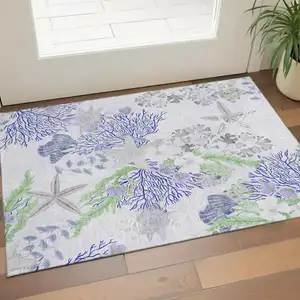 Photo of Blue Ivory And Lime Green Geometric Washable Area Rug With UV Protection