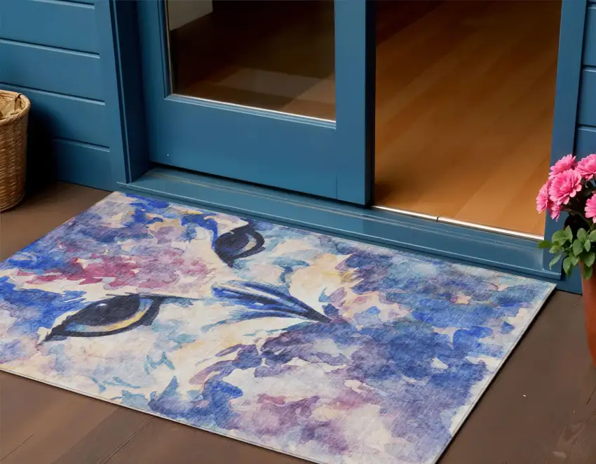 Blue Ivory And Mauve Owl Washable Indoor Outdoor Area Rug Photo 1