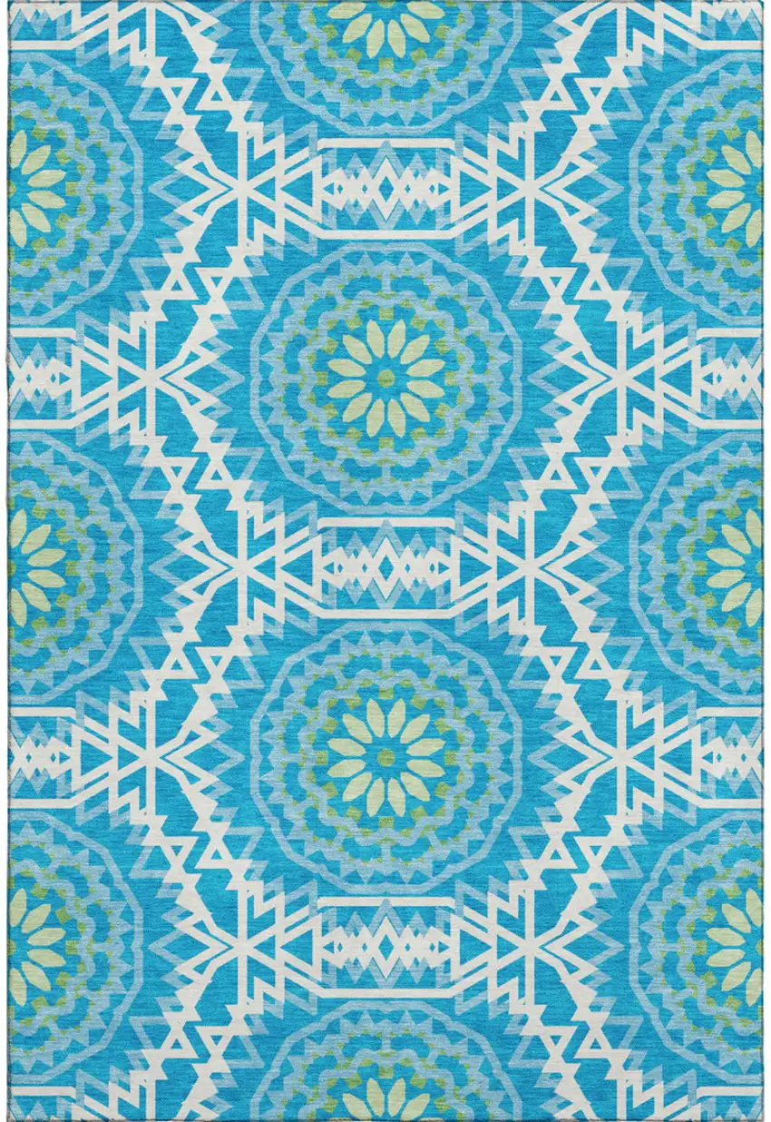 Blue Ivory And Olive Green Geometric Washable Area Rug With UV Protection Photo 1