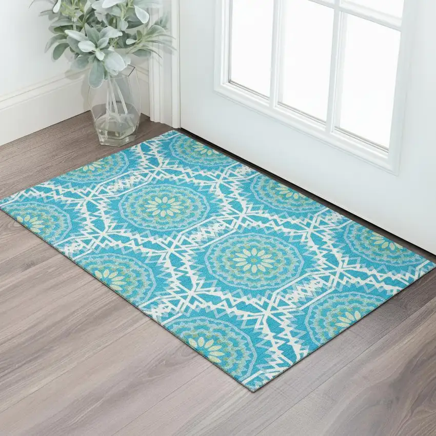 Blue Ivory And Olive Green Geometric Washable Area Rug With UV Protection Photo 1