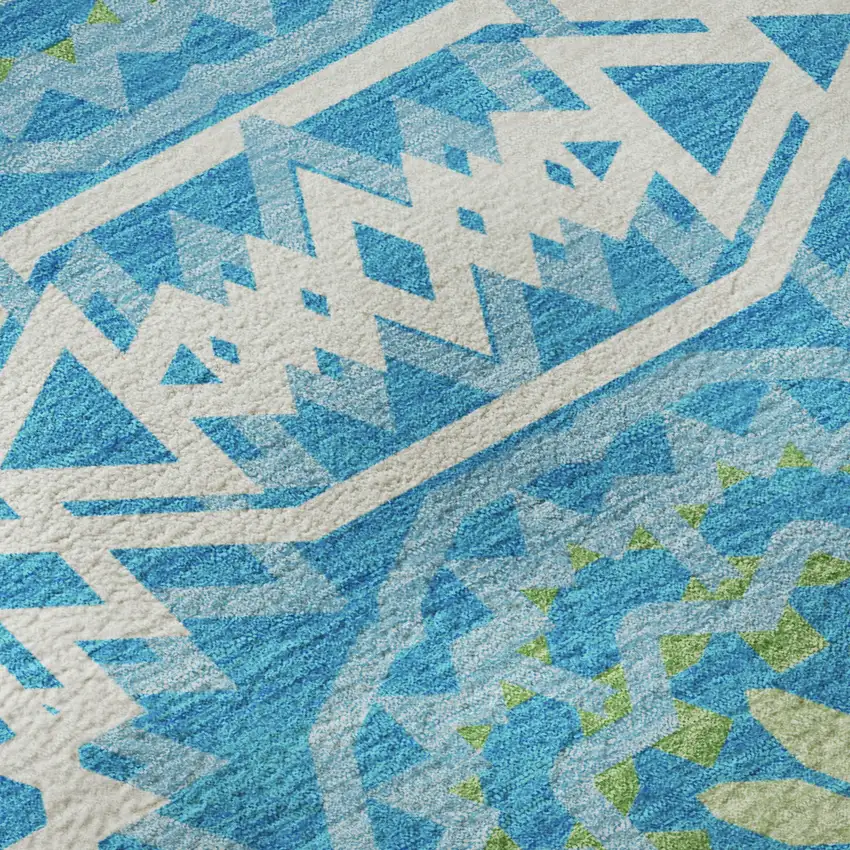 Blue Ivory And Olive Green Geometric Washable Area Rug With UV Protection Photo 3