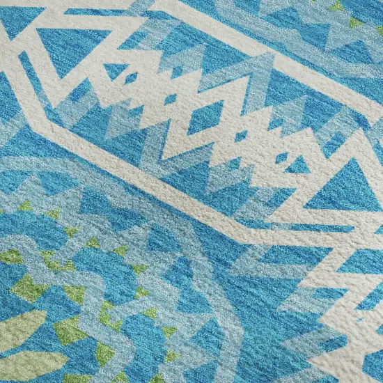 Blue Ivory And Olive Green Geometric Washable Area Rug With UV Protection Photo 4