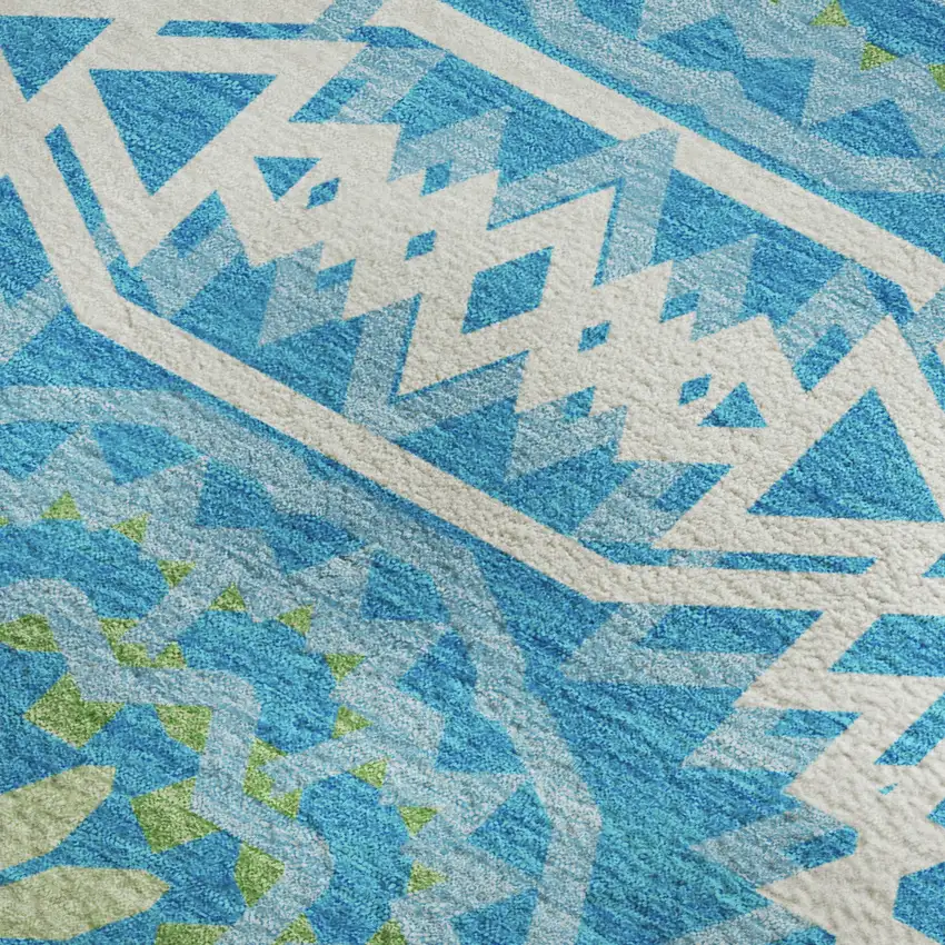 Blue Ivory And Olive Green Geometric Washable Area Rug With UV Protection Photo 4