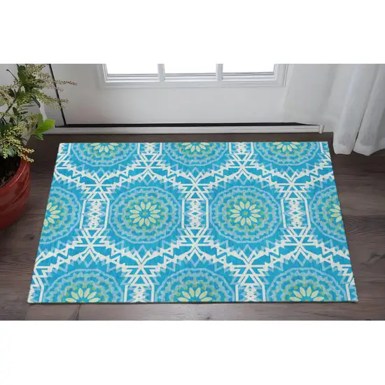 Blue Ivory And Olive Green Geometric Washable Area Rug With UV Protection Photo 2