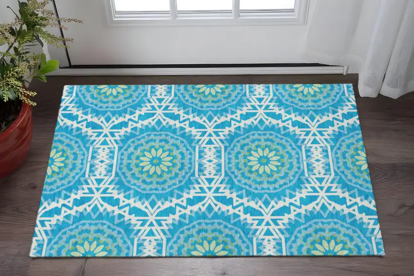 Blue Ivory And Olive Green Geometric Washable Area Rug With UV Protection Photo 2