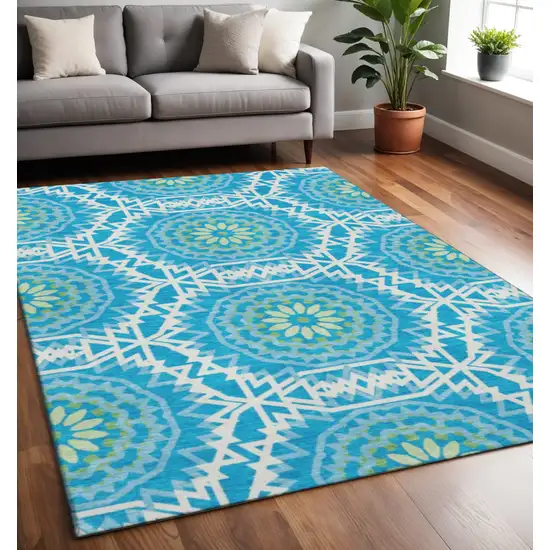 Blue Ivory And Olive Green Geometric Washable Area Rug With UV Protection Photo 2