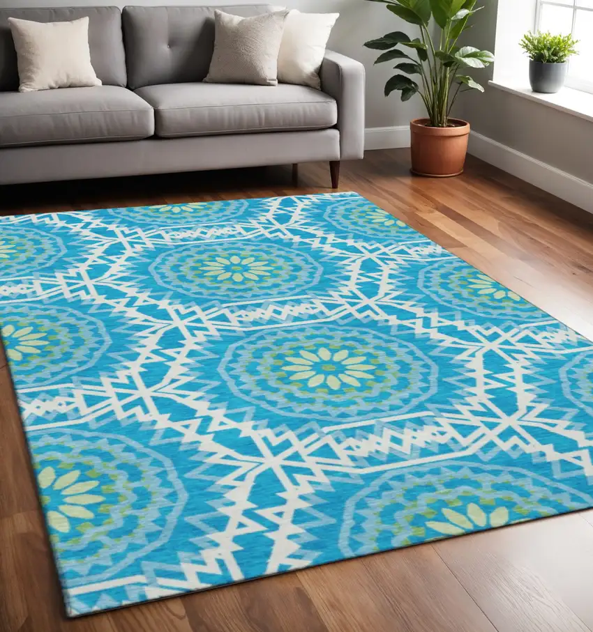 Blue Ivory And Olive Green Geometric Washable Area Rug With UV Protection Photo 2