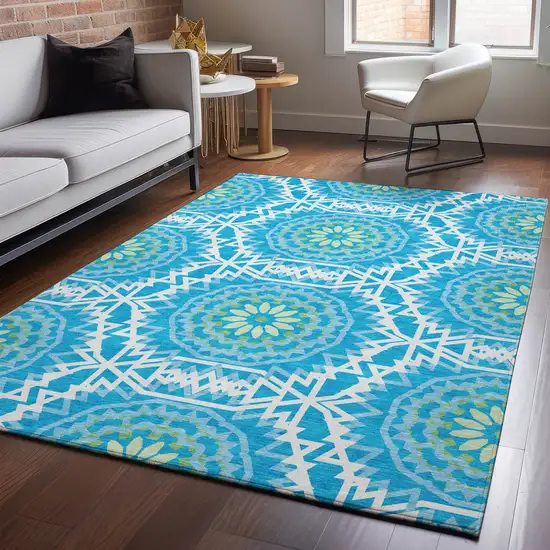 Blue Ivory And Olive Green Geometric Washable Area Rug With UV Protection Photo 4