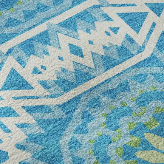 Blue Ivory And Olive Green Geometric Washable Area Rug With UV Protection Photo 3