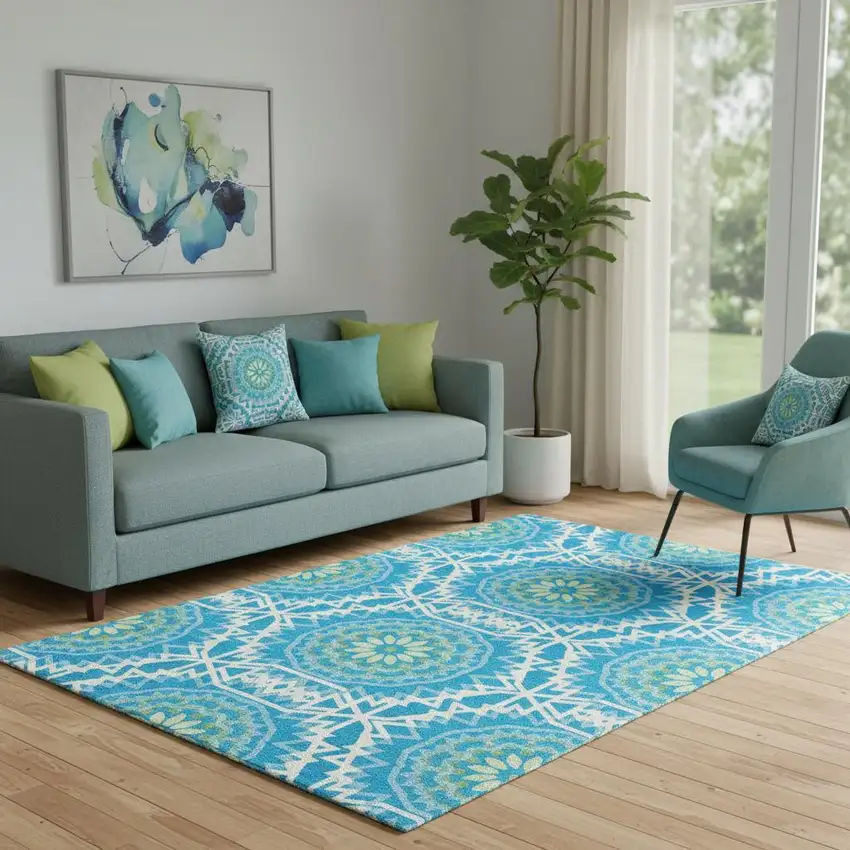 Blue Ivory And Olive Green Geometric Washable Area Rug With UV Protection Photo 1