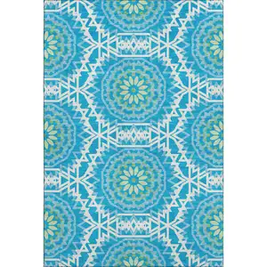 Photo of Blue Ivory And Olive Green Geometric Washable Area Rug With UV Protection