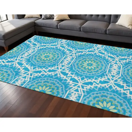 Blue Ivory And Olive Green Geometric Washable Area Rug With UV Protection Photo 2