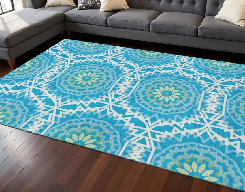 Blue Ivory And Olive Green Geometric Washable Area Rug With UV Protection Photo 2