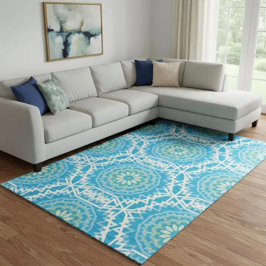 Blue Ivory And Olive Green Geometric Washable Area Rug With UV Protection Photo 1