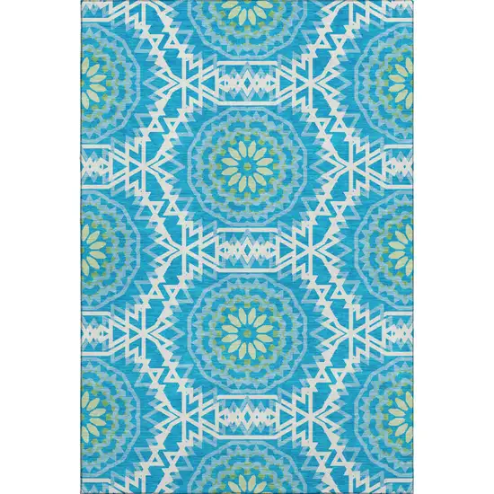 Blue Ivory And Olive Green Geometric Washable Area Rug With UV Protection Photo 1