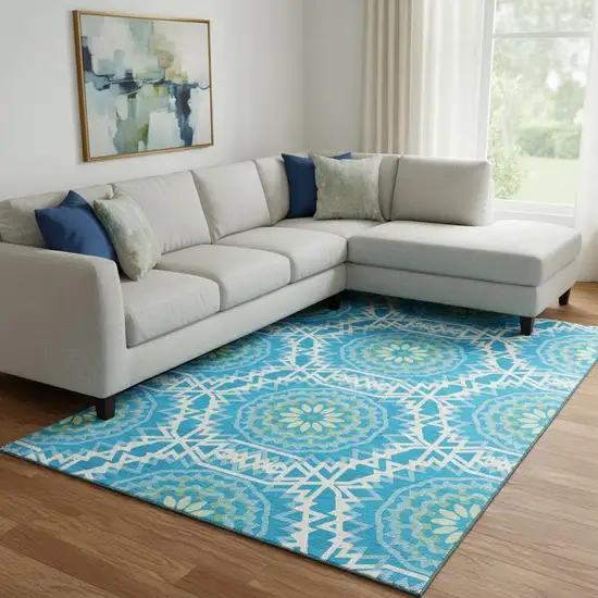 Blue Ivory And Olive Green Geometric Washable Area Rug With UV Protection Photo 1