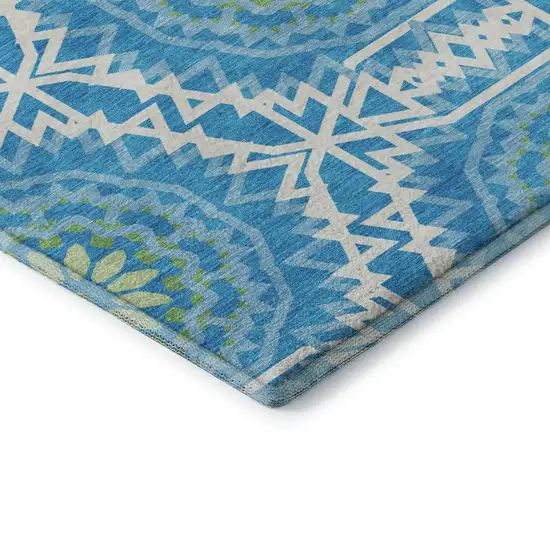Blue Ivory And Olive Green Geometric Washable Area Rug With UV Protection Photo 9