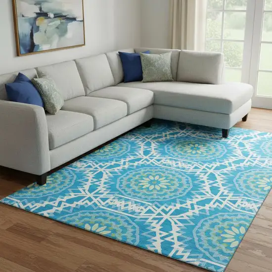 Blue Ivory And Olive Green Geometric Washable Area Rug With UV Protection Photo 1