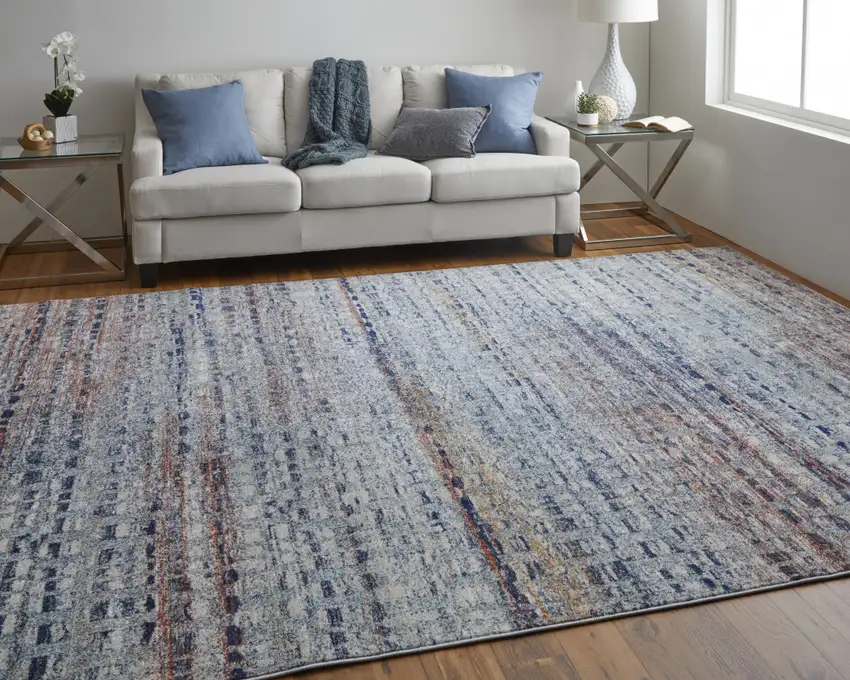Blue Ivory And Orange Abstract Power Loom Stain Resistant Area Rug Photo 8