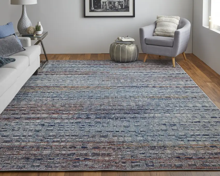Blue Ivory And Orange Abstract Power Loom Stain Resistant Area Rug Photo 6