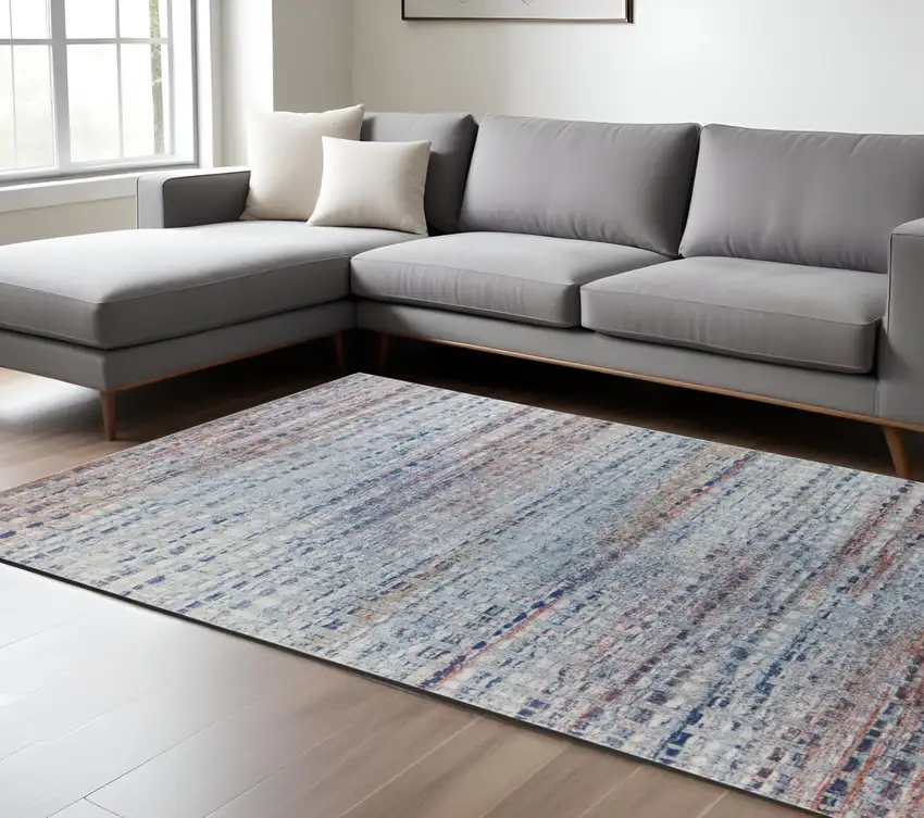 Blue and Ivory Abstract Power Loom Non Skid Area Rug Photo 2