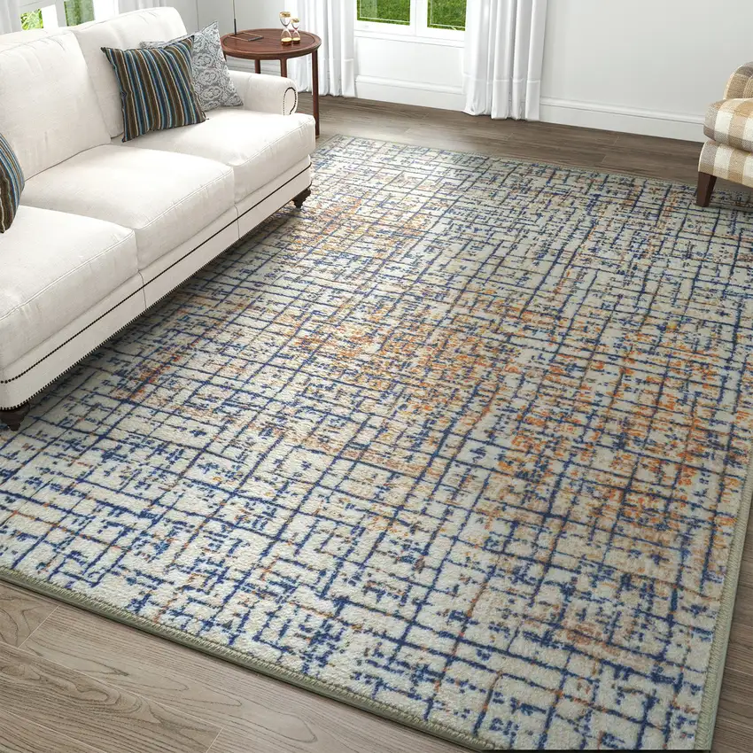 Blue Ivory And Orange Abstract Washable Area Rug Photo 7