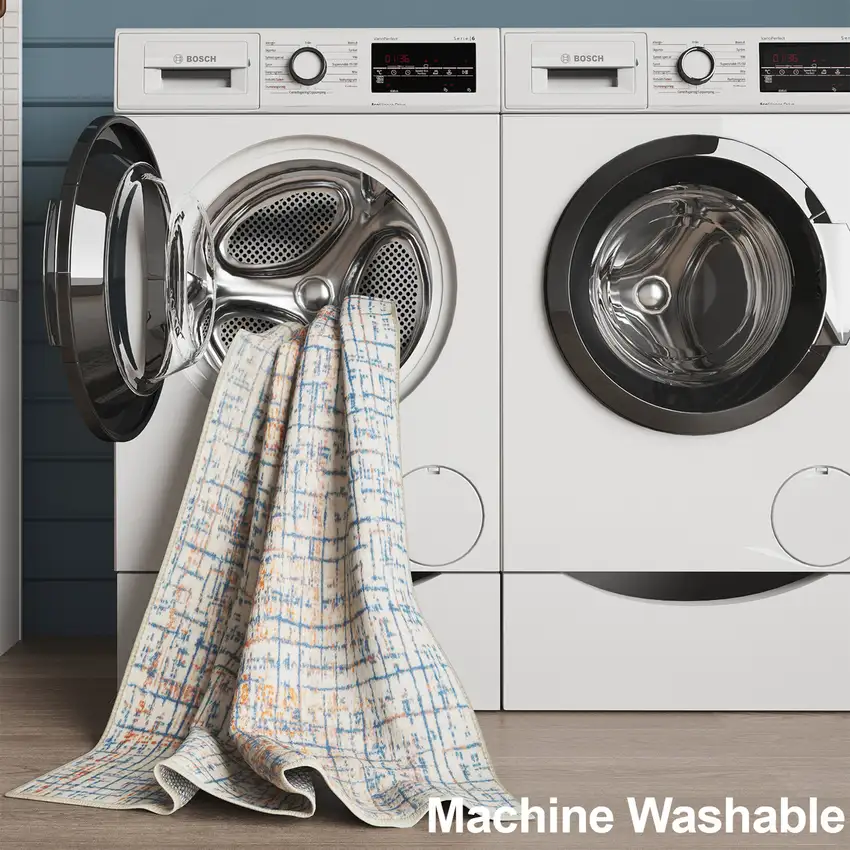 Blue Ivory And Orange Abstract Washable Area Rug Photo 8