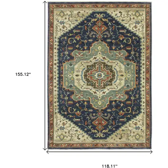 Blue Ivory And Orange Oriental Area Rug With Fringe Photo 3
