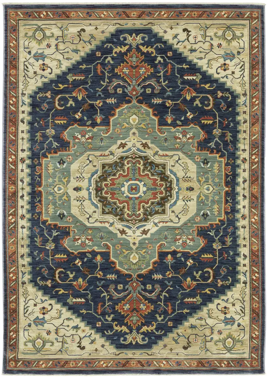 Blue Ivory And Orange Oriental Area Rug With Fringe Photo 2
