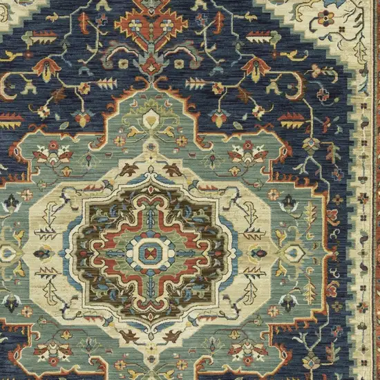 Blue Ivory And Orange Oriental Area Rug With Fringe Photo 9