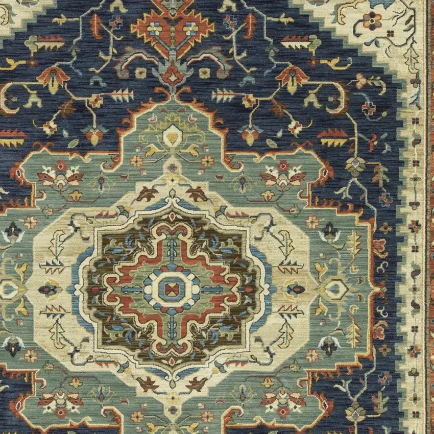Blue Ivory And Orange Oriental Area Rug With Fringe Photo 9