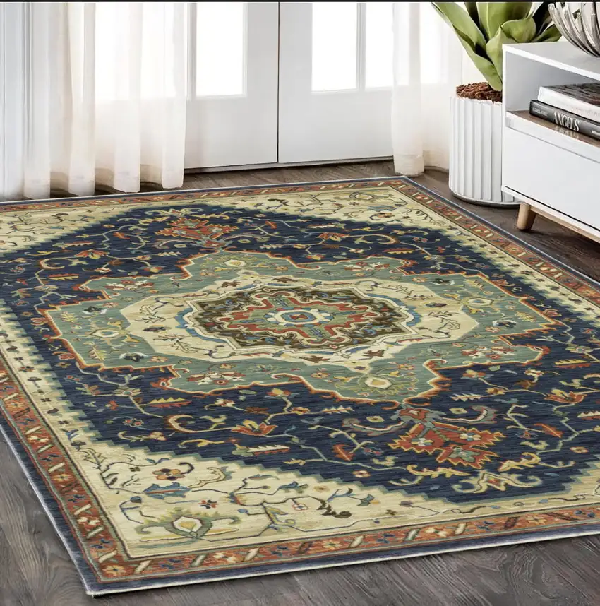 Blue Ivory And Orange Oriental Area Rug With Fringe Photo 1