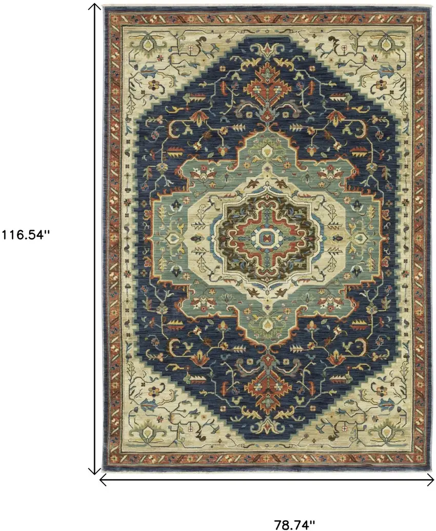Blue Ivory And Orange Oriental Area Rug With Fringe Photo 3