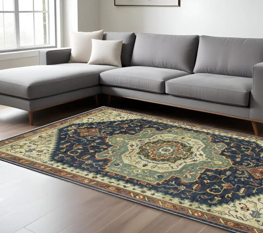Blue Ivory And Orange Oriental Area Rug With Fringe Photo 1
