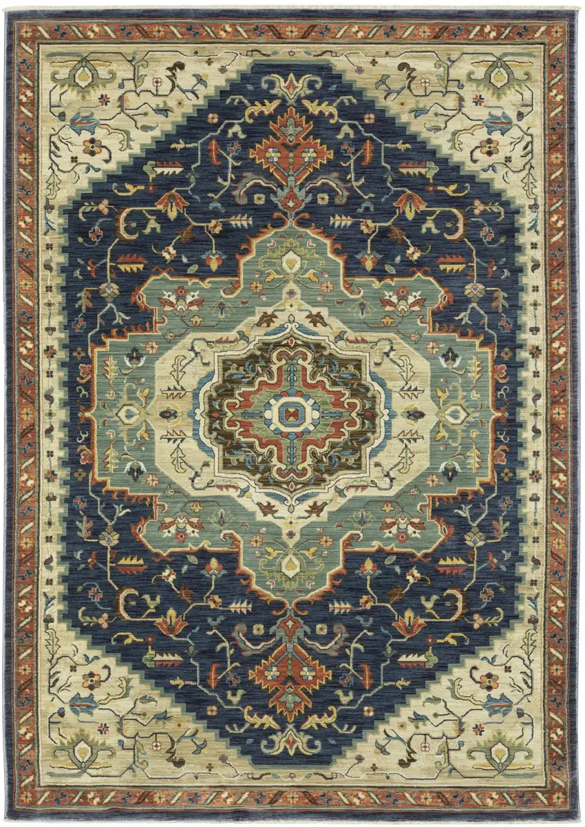 Blue Ivory And Orange Oriental Area Rug With Fringe Photo 4