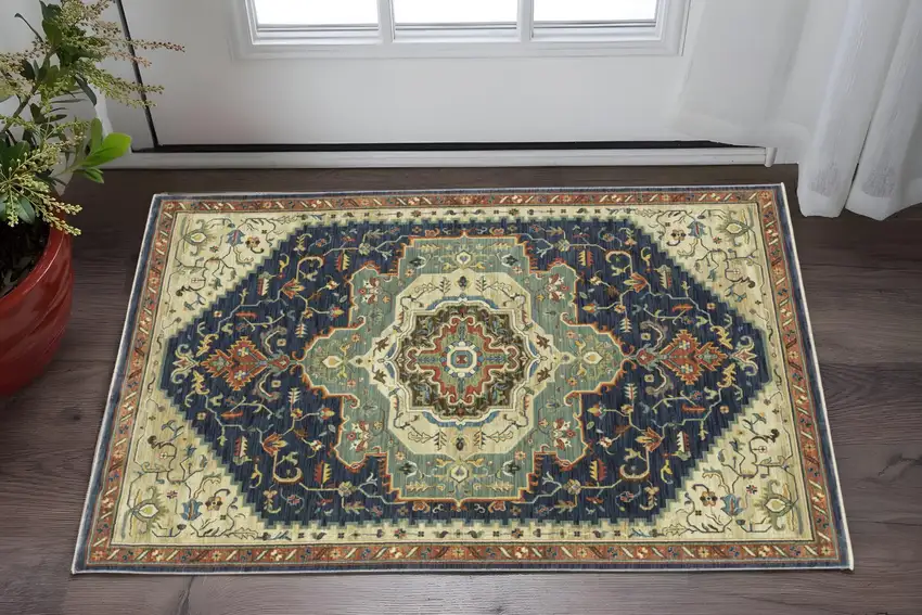 Blue Ivory And Orange Oriental Area Rug With Fringe Photo 1