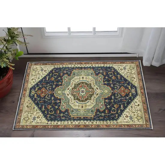 Blue Ivory And Orange Oriental Area Rug With Fringe Photo 1