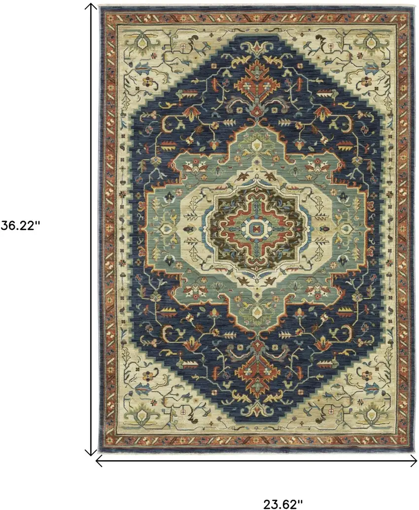 Blue Ivory And Orange Oriental Area Rug With Fringe Photo 3