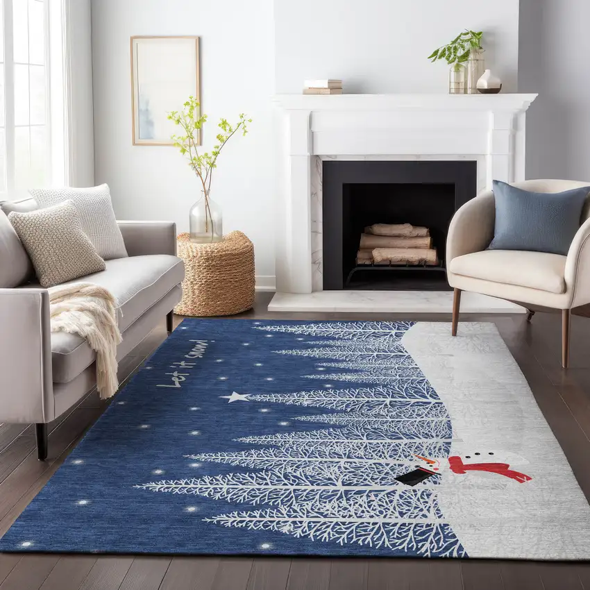 Blue And White Winter Snowman Washable Area Rug With UV Protection Photo 5