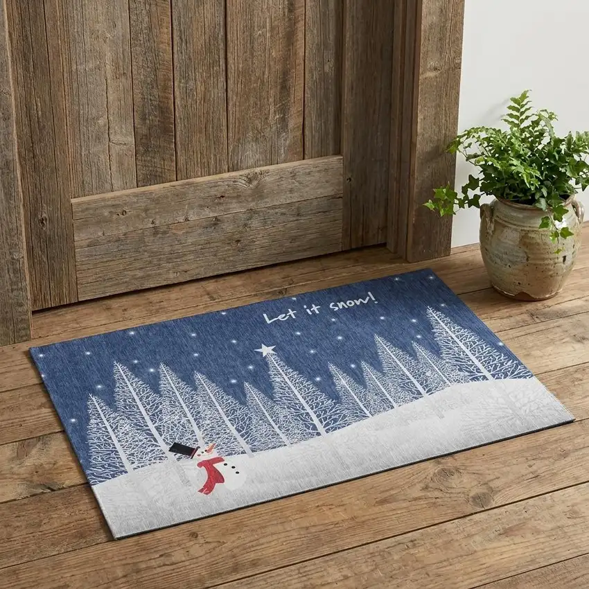 Blue And White Winter Snowman Washable Area Rug With UV Protection Photo 1