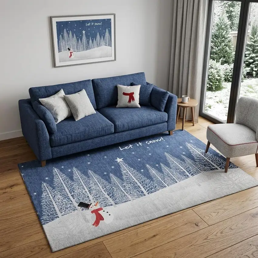 Blue And White Winter Snowman Washable Area Rug With UV Protection Photo 1