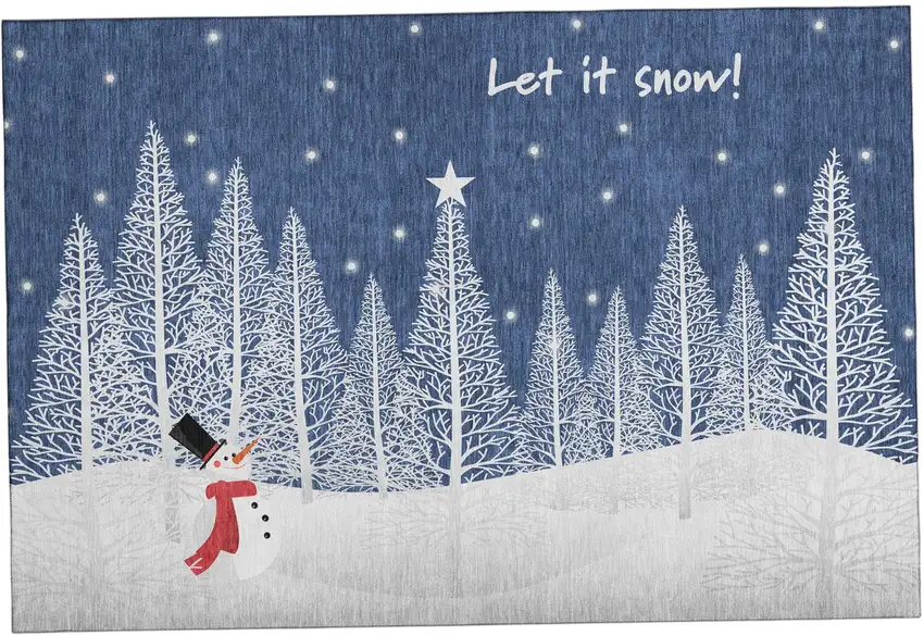 Blue And White Winter Snowman Washable Area Rug With UV Protection Photo 2