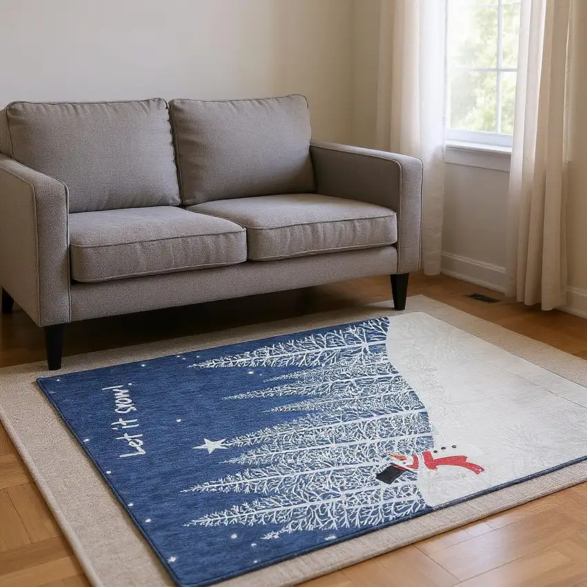 Blue Ivory And Red Botanical Leaves Washable Area Rug With UV Protection Photo 4