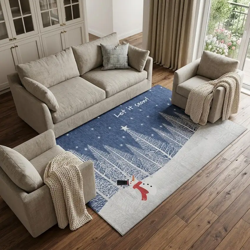 Blue And White Winter Snowman Washable Area Rug With UV Protection Photo 1