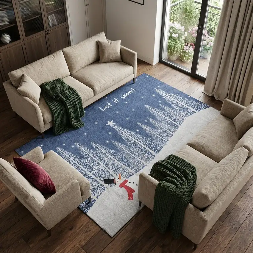 Blue And White Winter Snowman Washable Area Rug With UV Protection Photo 1