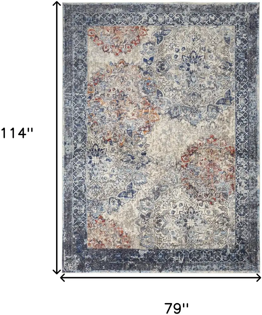 Blue Ivory And Red Floral Power Loom Distressed Stain Resistant Area Rug Photo 10