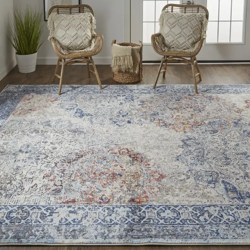 Blue Ivory And Red Floral Power Loom Distressed Stain Resistant Area Rug Photo 8