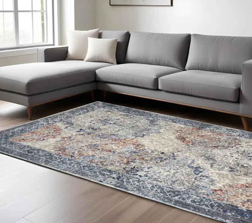 Blue and Ivory Floral Power Loom Distressed Non Skid Area Rug Photo 1